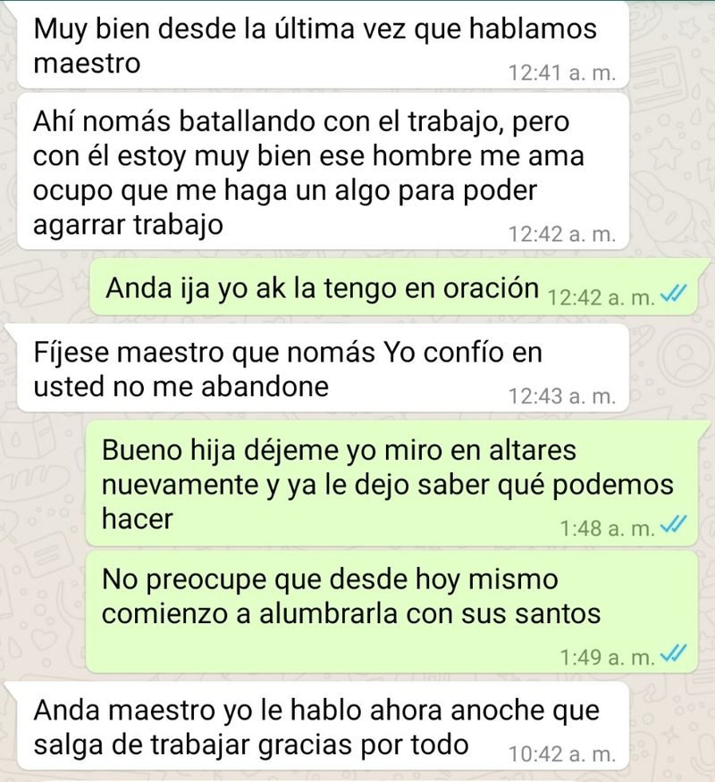 Conversación de WhatsApp de una clienta agradecida con el Maestro Abrecaminos